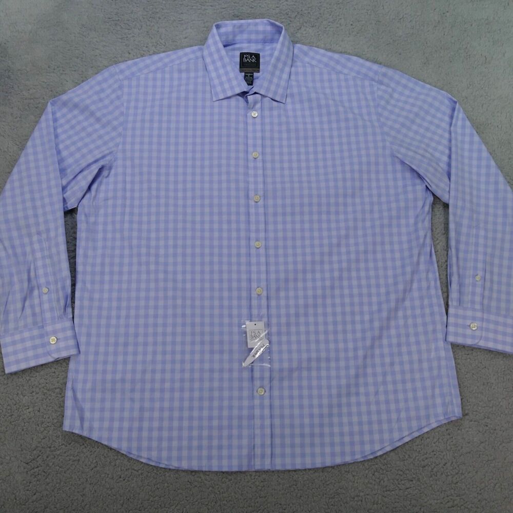 Jos A Bank Travel Tech Button Up Shirt Mens XL Tailored Fit Blue Plaid Nylon